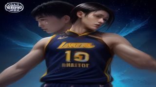 NBA季后赛湖人队球员在球场上跃起扣篮，球馆内灯光强烈观众欢呼，画面充满竞技张力